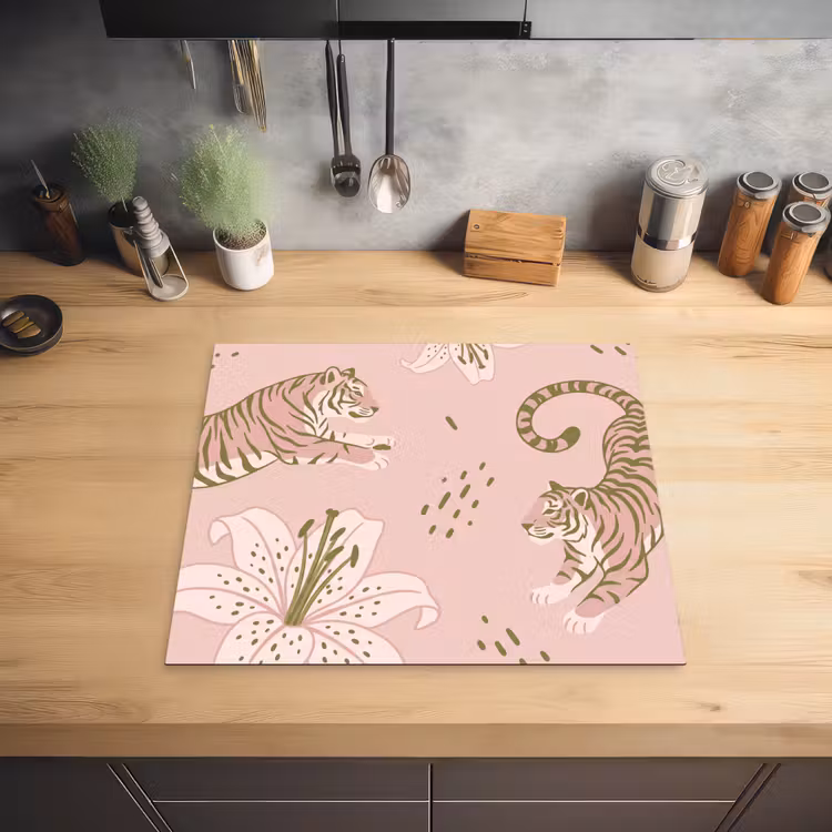 Kat - Springend - Bloemen - Abstract - Roze Inductie beschermer vinyl 3mm middel -sfeer5