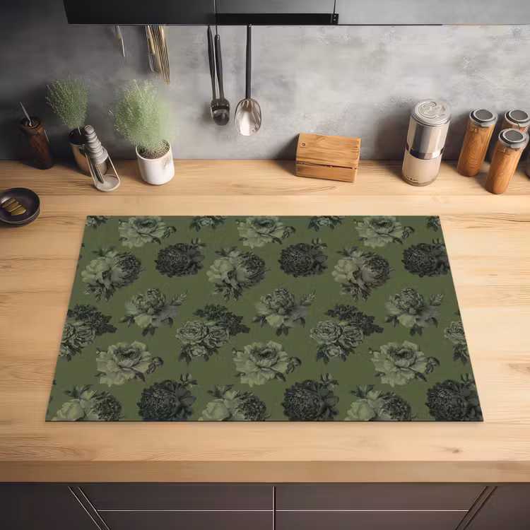 Klassiek - botanisch - olijfgroen - bloemen Inductie beschermer vinyl 3mm klein 276 -sfeer5