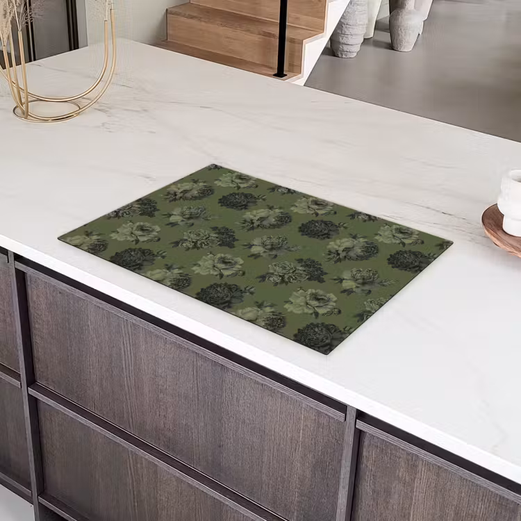 Klassiek - botanisch - olijfgroen - bloemen Inductie beschermer vinyl 3mm klein 276 -sfeer8