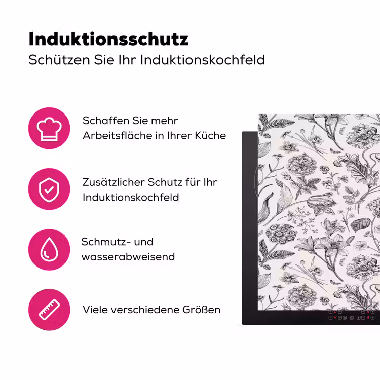 Classic - Black - White - Floral Inductie beschermer vinyl 3mm klein 276 -zzzzzzz-lf-ups