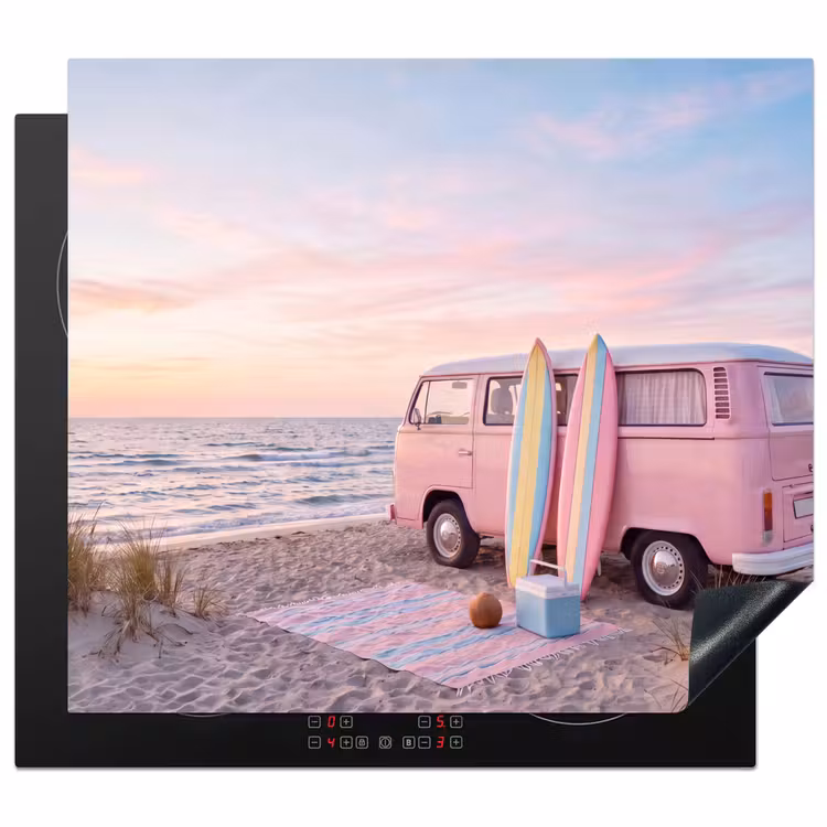 Busje - Strand - Surfplank - Zomer - Roze Inductie beschermer vinyl 3mm middel -3d