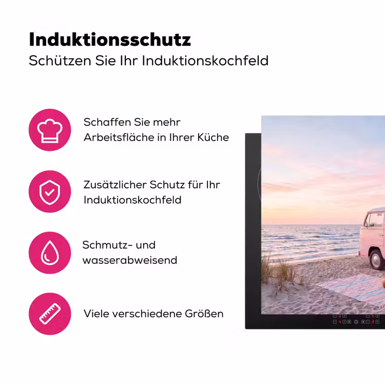 Busje - Strand - Surfplank - Zomer - Roze Inductie beschermer vinyl 3mm middel -zzzzzzz-lf-ups