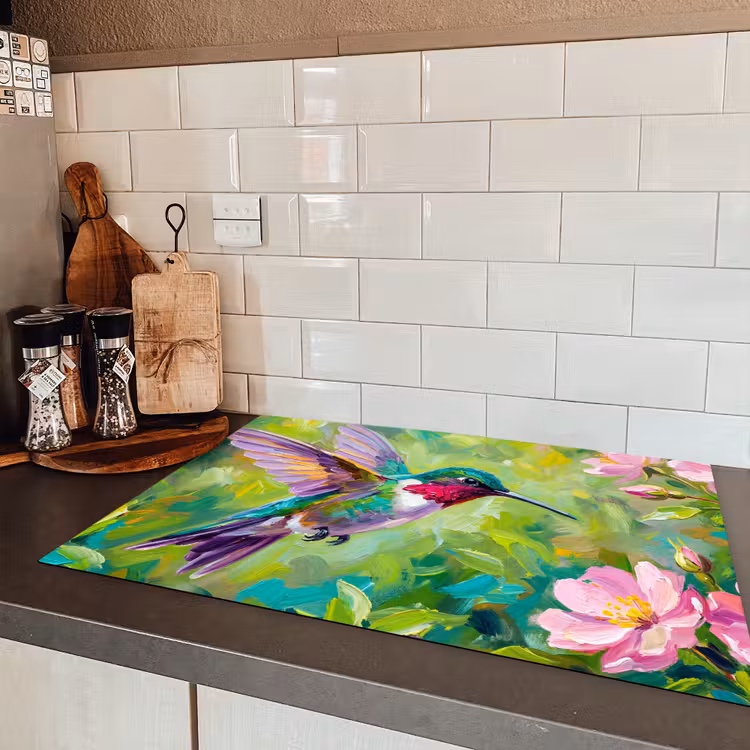 Kolibrie - Bloemen - Natuur - Kleurrijk Inductie beschermer vinyl 3mm klein -sfeer3