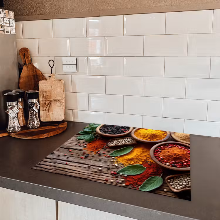 Kruiden - Houtstructuur - Koken - Specerijen Inductie beschermer vinyl 3mm middel -sfeer3