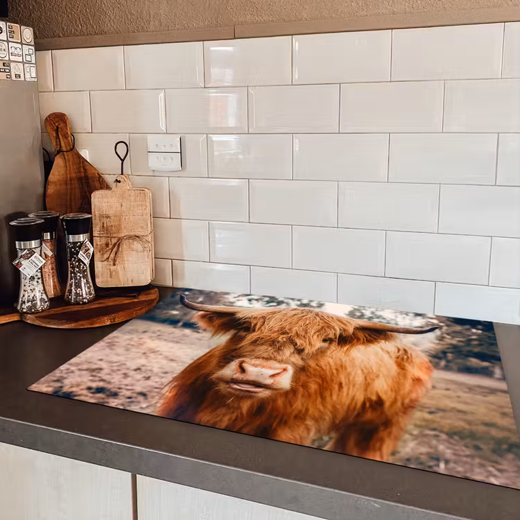 Koe- Schotse hooglander - Hoorns - Bruin - Landschap Inductie beschermer vinyl 3mm klein -sfeer3
