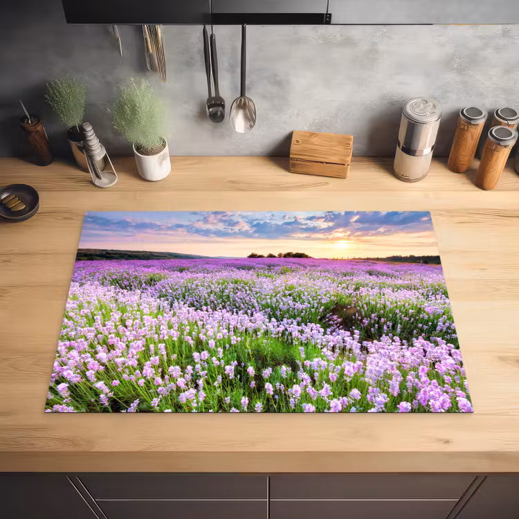 Lavendel - Bloemen - Zonsondergang - Paars - Weide Inductie beschermer vinyl 3mm klein -sfeer5