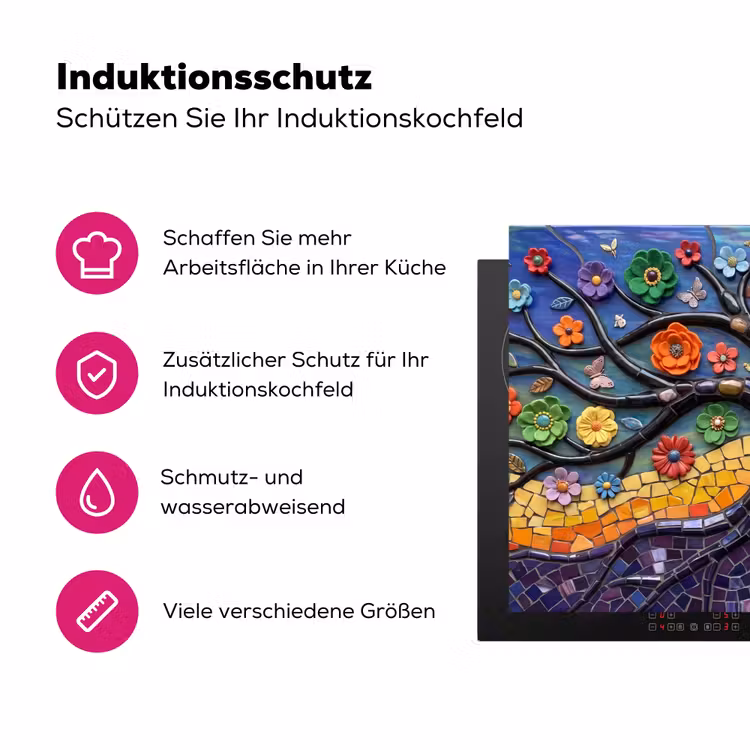 Levensboom - Mozaïek - Bloemen - Kleurrijk - Vrolijk Inductie beschermer vinyl 3mm klein -zzzzzzz-lf-ups