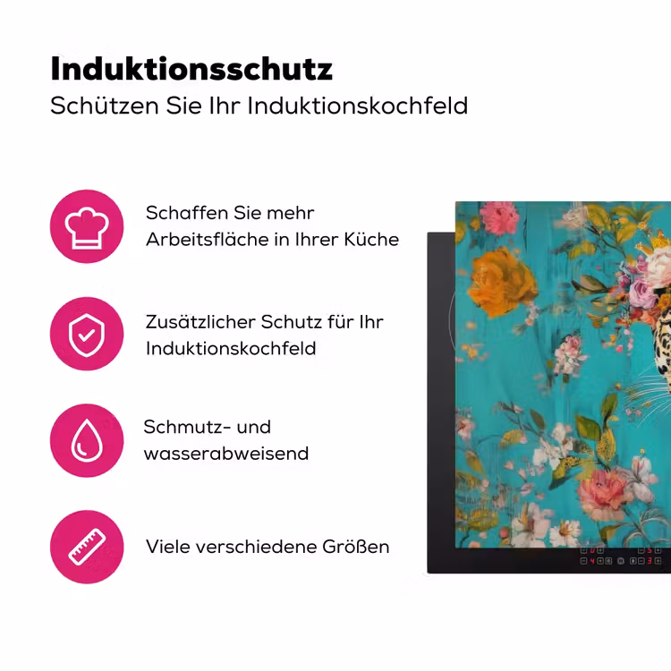 Luipaard - Bloemen - Kroon Inductie beschermer vinyl 3mm klein -zzzzzzz-lf-ups