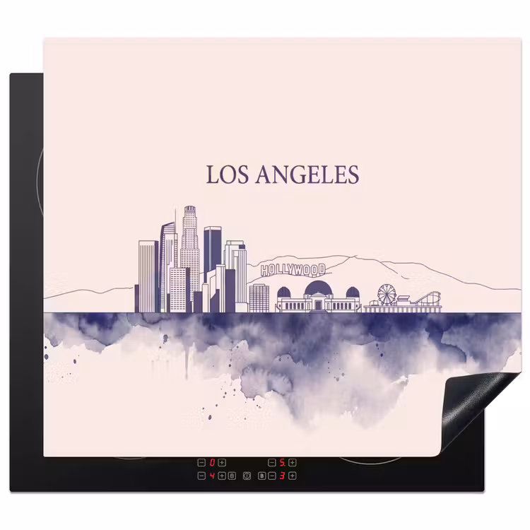 Los Angeles - Skyline - Architectuur - Aquarel - Blauw Inductie beschermer vinyl 3mm middel -3d
