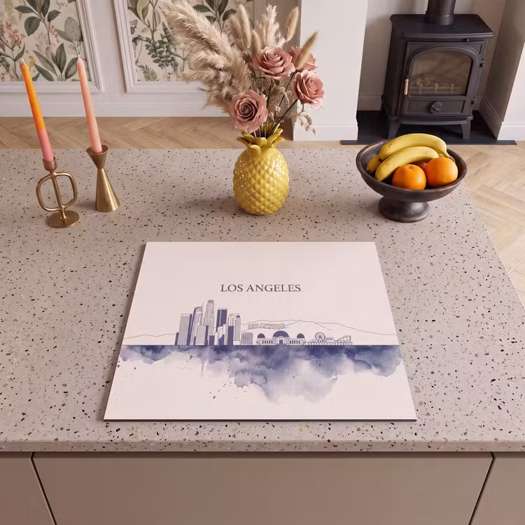 Los Angeles - Skyline - Architectuur - Aquarel - Blauw Inductie beschermer vinyl 3mm middel -sfeer3