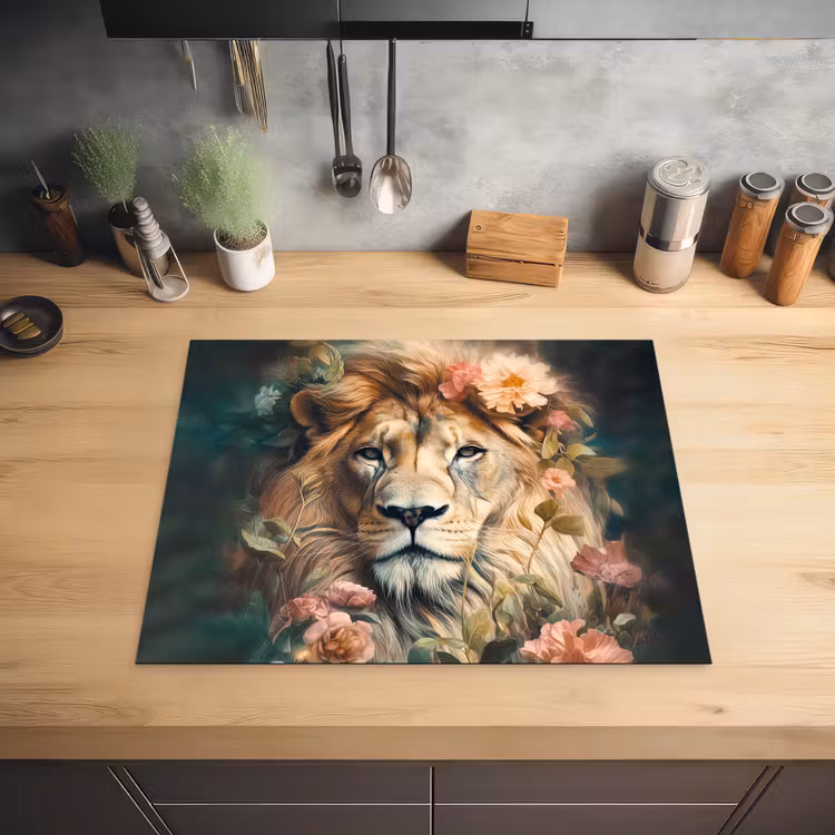 Leeuw - Leeuwenkop - Wilde dieren - Bloemen Inductie beschermer vinyl 3mm groot -sfeer5