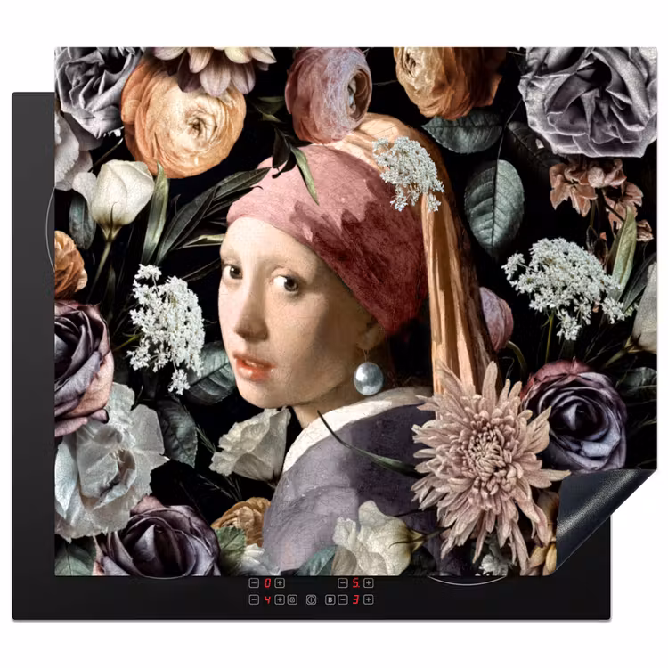 Meisje met de parel - Bloemen - Vermeer - Pastel - Kunstwerk - Schilderij - Oude meesters Inductie beschermer vinyl 3mm middel -3d