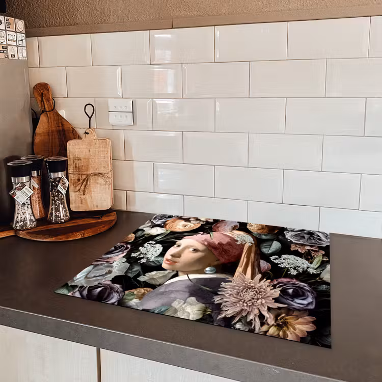 Meisje met de parel - Bloemen - Vermeer - Pastel - Kunstwerk - Schilderij - Oude meesters Inductie beschermer vinyl 3mm middel -sfeer3