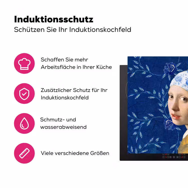 Meisje met de parel - Delfts blauw - Vermeer - Bloemen - Schilderij - Oude meesters Inductie beschermer vinyl 3mm klein -zzzzzzz-lf-ups