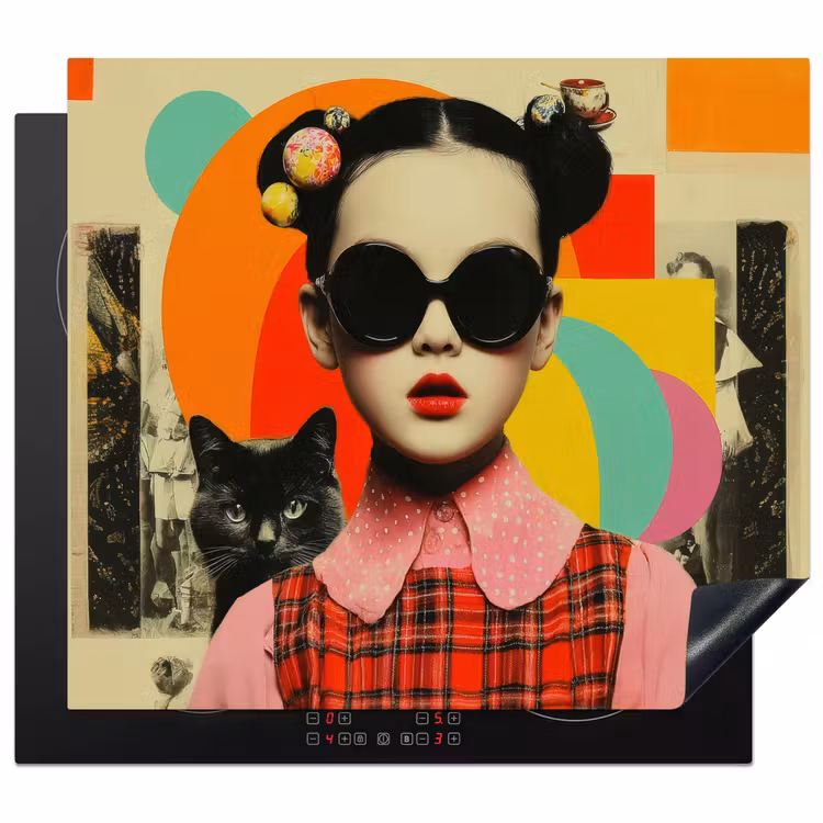 Herdabdeckplatte - Mädchen - Sonnenbrille - Katze - Retro