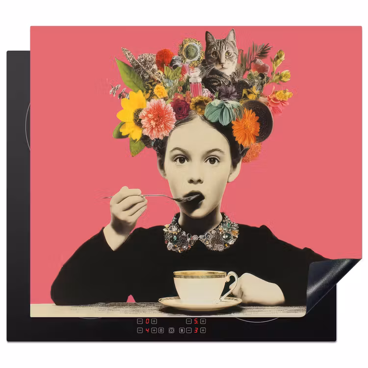 Herdabdeckplatte - Mädchen - Tasse - Blumen - Rosa