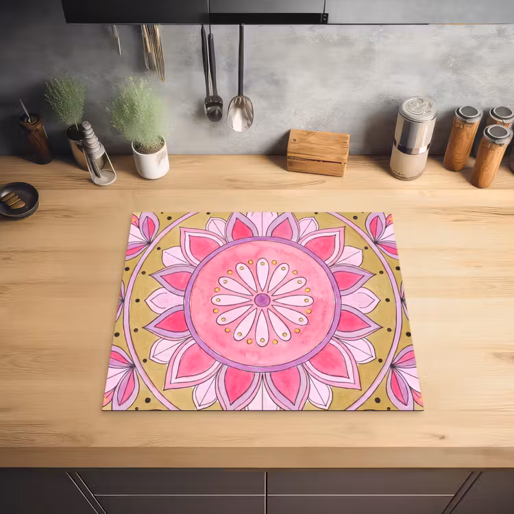 Mandala - Patroon - Kunst - Aquarel - Roze Inductie beschermer vinyl 3mm middel -sfeer5