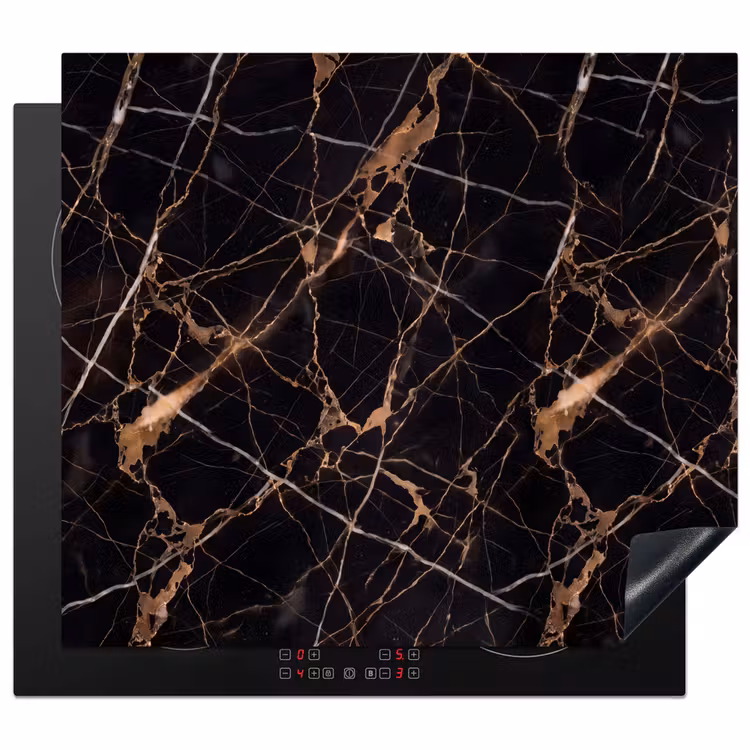 Marmer - Goud - Abstract - Zwart Inductie beschermer vinyl 3mm middel -3d