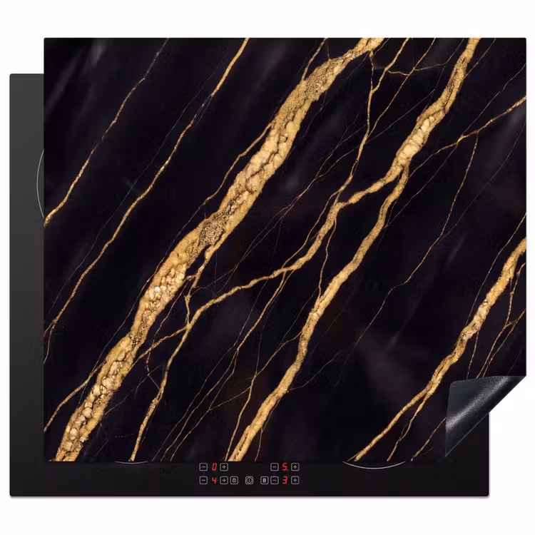 Marmer - Goud - Textuur - Abstract - Zwart Inductie beschermer vinyl 3mm middel -3d