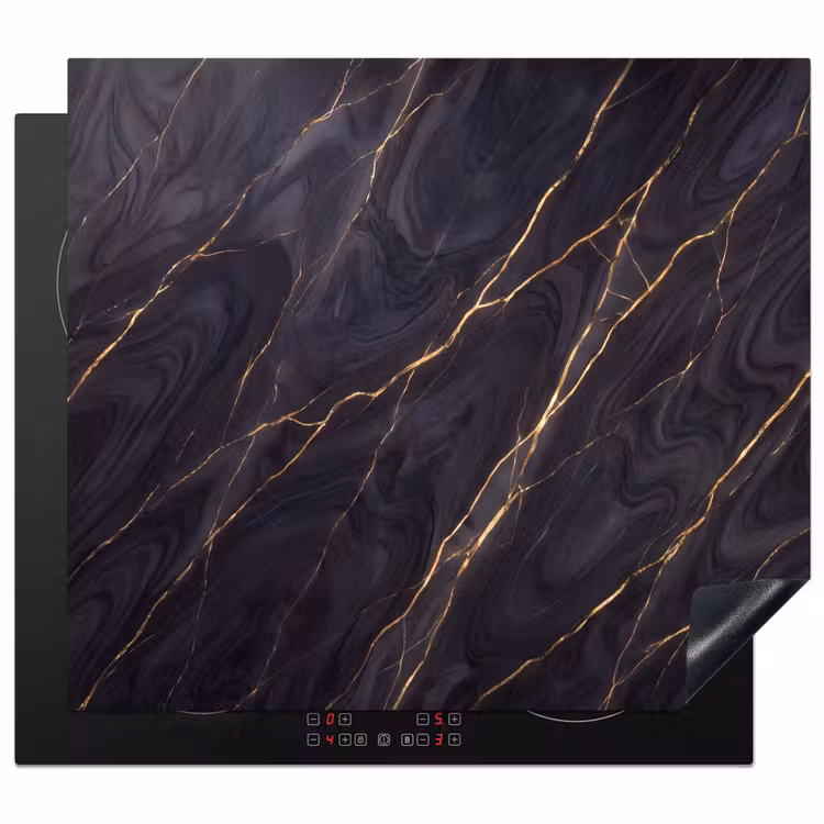 Marmer - Goudaders - Abstract - Modern - Zwart Inductie beschermer vinyl 3mm middel -3d