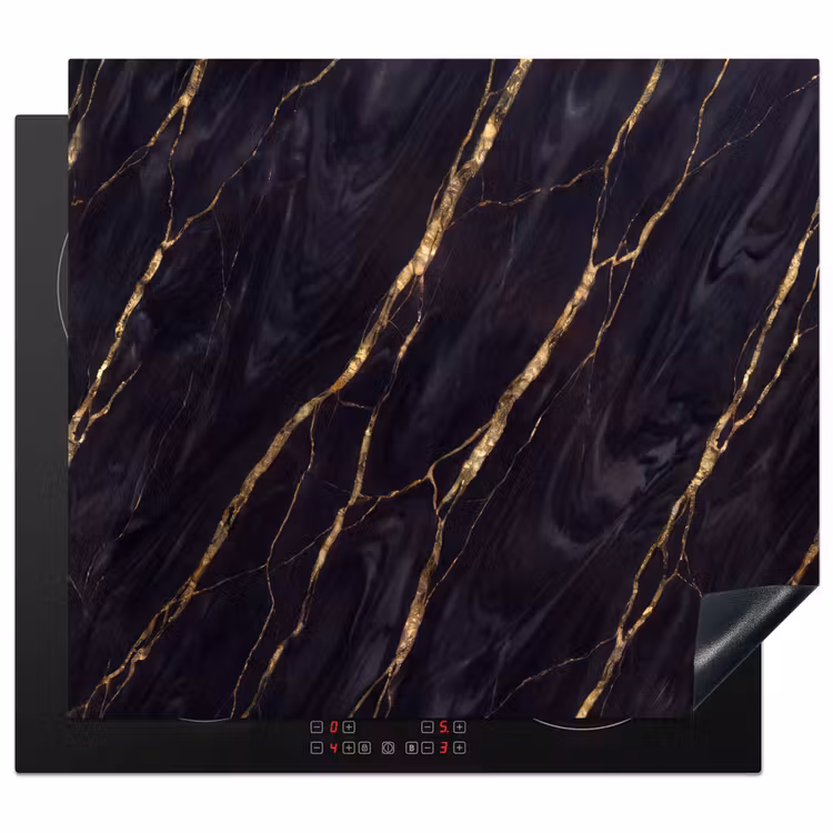 Marmer - Gouden aders - Abstract - Zwart Inductie beschermer vinyl 3mm middel -3d