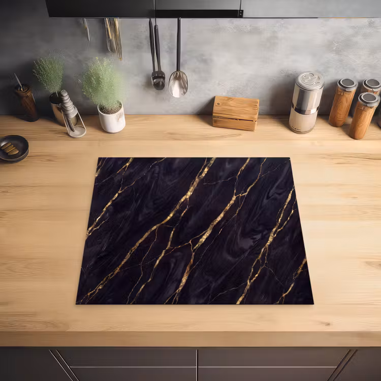 Marmer - Gouden aders - Abstract - Zwart Inductie beschermer vinyl 3mm middel -sfeer5