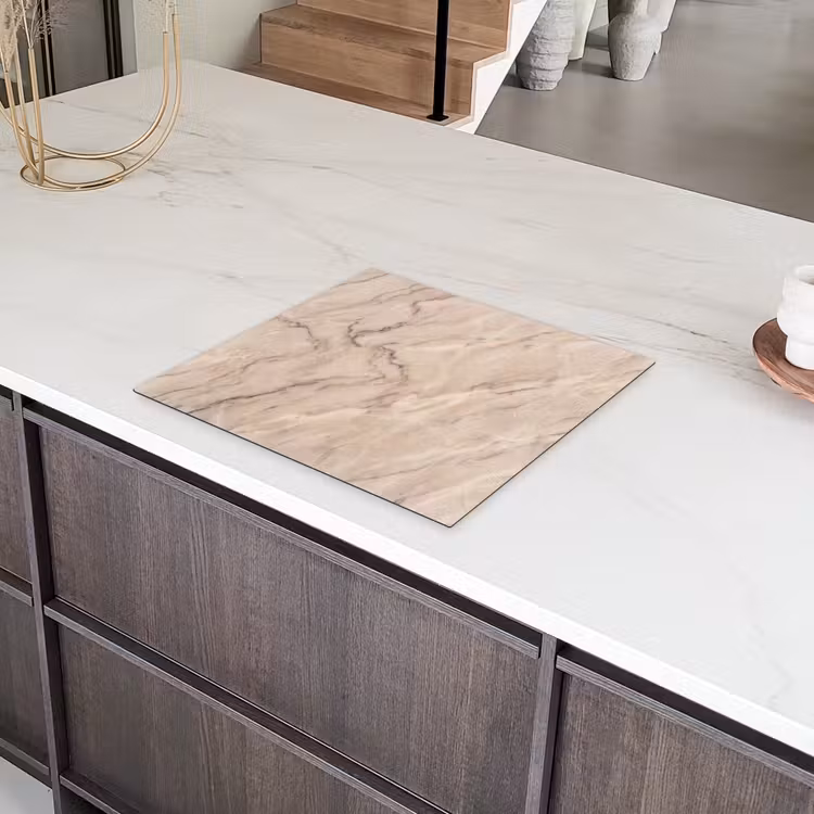 Marmer - Patroon - Abstract - Modern - Beige Inductie beschermer vinyl 3mm middel -sfeer8