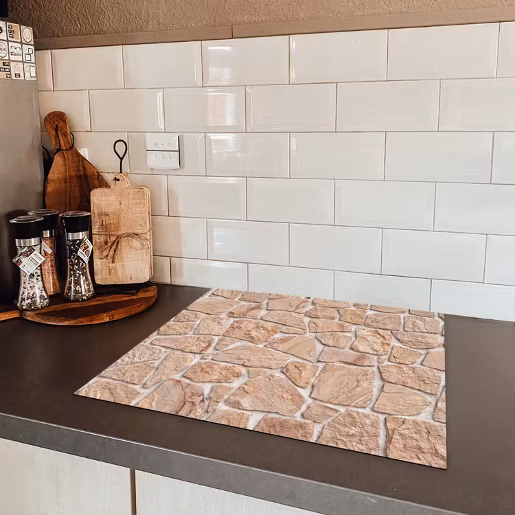Muur - Steen - Patroon - Rustiek - Beige Inductie beschermer vinyl 3mm middel -sfeer3