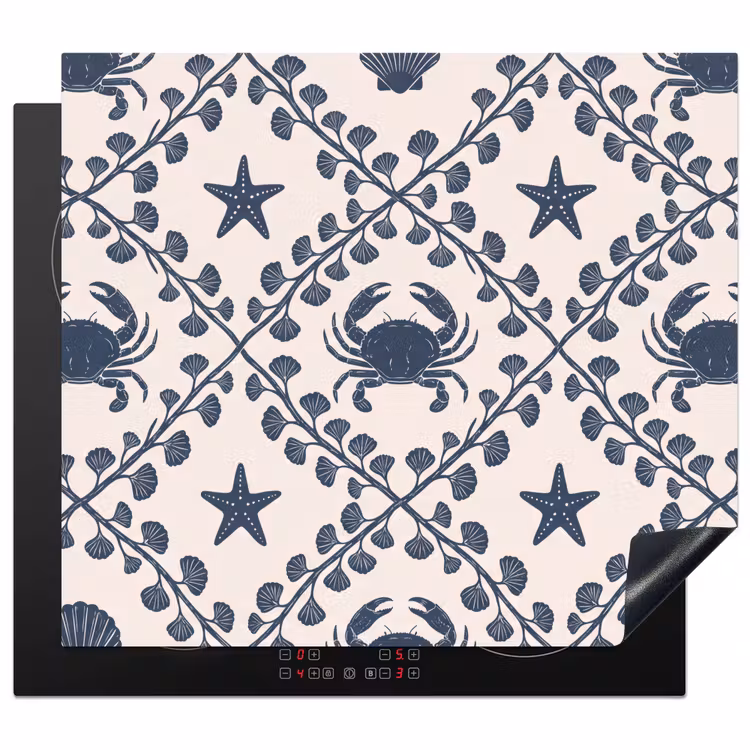 Zee - Krab - Zeester - Patroon - Blauw Inductie beschermer vinyl 3mm middel -3d