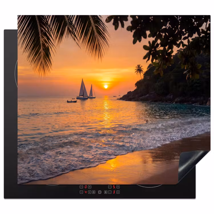 Zee - Zonsondergang - Boot - Natuur - Oranje Inductie beschermer vinyl 3mm middel -3d