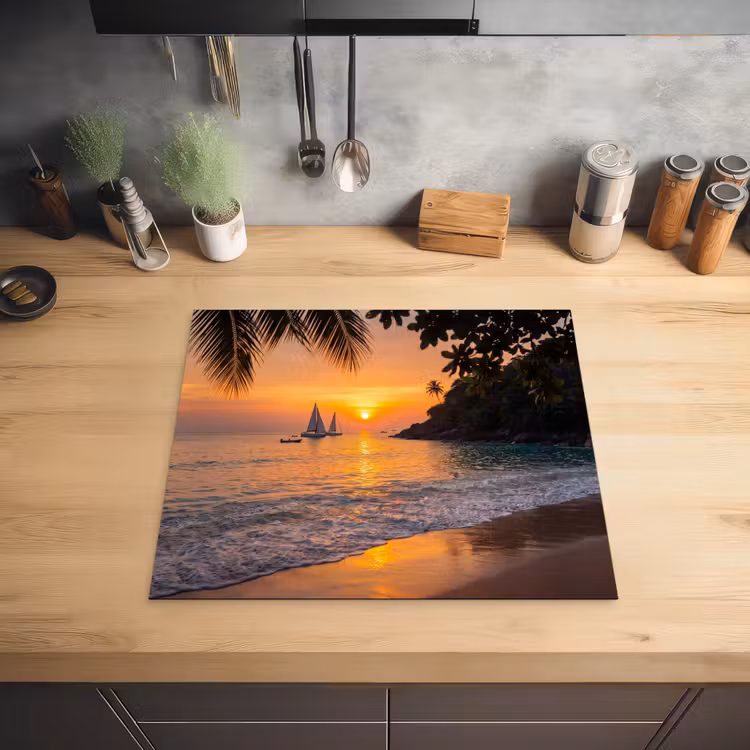 Zee - Zonsondergang - Boot - Natuur - Oranje Inductie beschermer vinyl 3mm middel -sfeer5