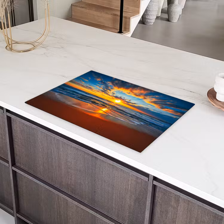 Zee - Zonsondergang - Strand - Wolken - Oranje Inductie beschermer vinyl 3mm klein -sfeer8