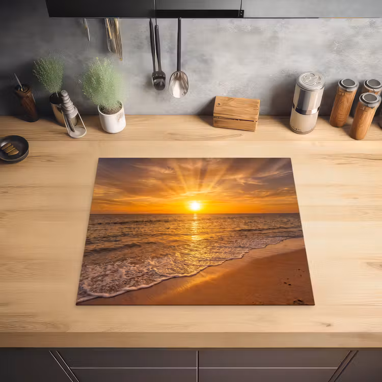 Zee - Zonsondergang - Golven - Kust - Oranje Inductie beschermer vinyl 3mm middel -sfeer5