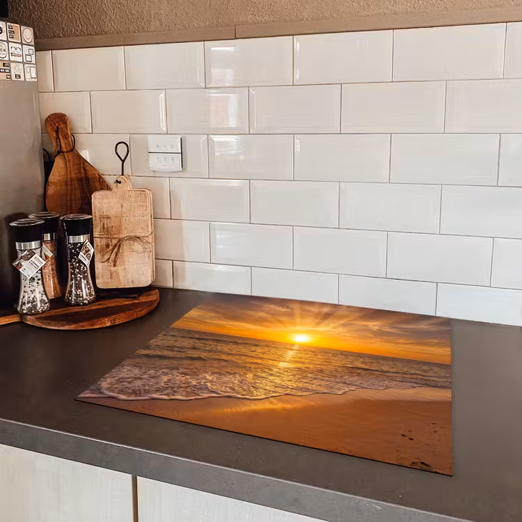 Zee - Zonsondergang - Golven - Kust - Oranje Inductie beschermer vinyl 3mm middel -sfeer3