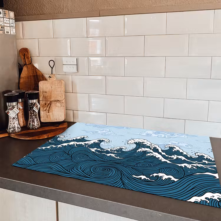 Zee - Golven - Japans - Natuur - Blauw Inductie beschermer vinyl 3mm klein -sfeer3