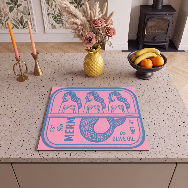 Meermin - Sardineblik - Illustratie - Roze - Retro Inductie beschermer vinyl 3mm middel -sfeer3