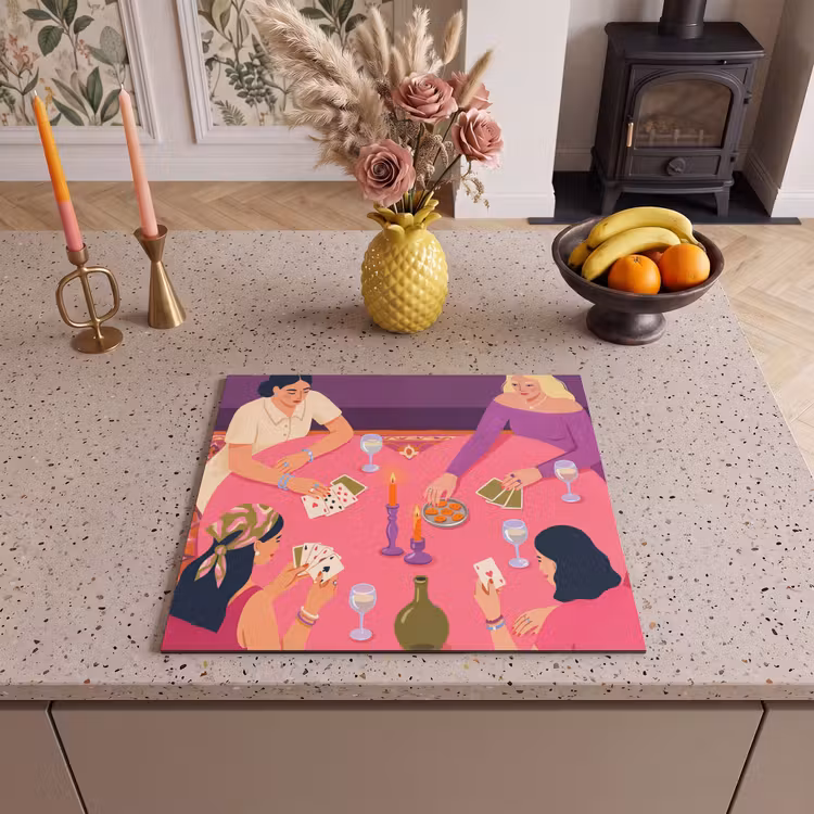Mensen - Kaartspel - Interieur - Modern - Kleurrijk Inductie beschermer vinyl 3mm middel -sfeer3
