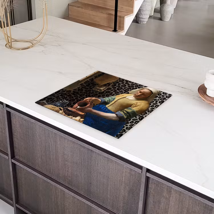 Melkmeisje - Kunst - Panterprint - Vermeer - Schilderij - Oude meesters Inductie beschermer vinyl 3mm middel -sfeer8