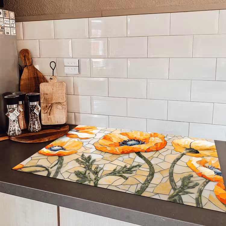 Klaprozen - Oranje - Mozaïek - Bladeren Inductie beschermer vinyl 3mm klein -sfeer3