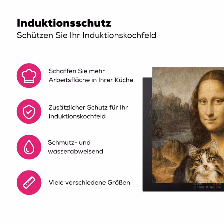 Mona Lisa - Kat - Leonardo da Vinci - Vintage - Kunstwerk - Oude meesters - Schilderij Inductie beschermer vinyl 3mm middel -zzzzzzz-lf-ups