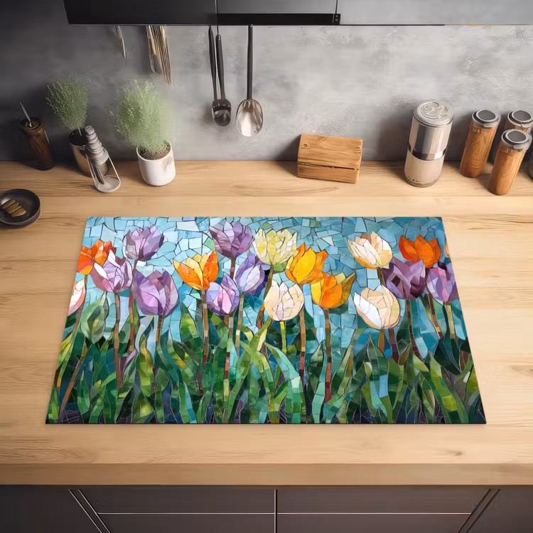 Mozaïek - Veld - Tulpen - Kleurrijk Inductie beschermer vinyl 3mm klein -sfeer5