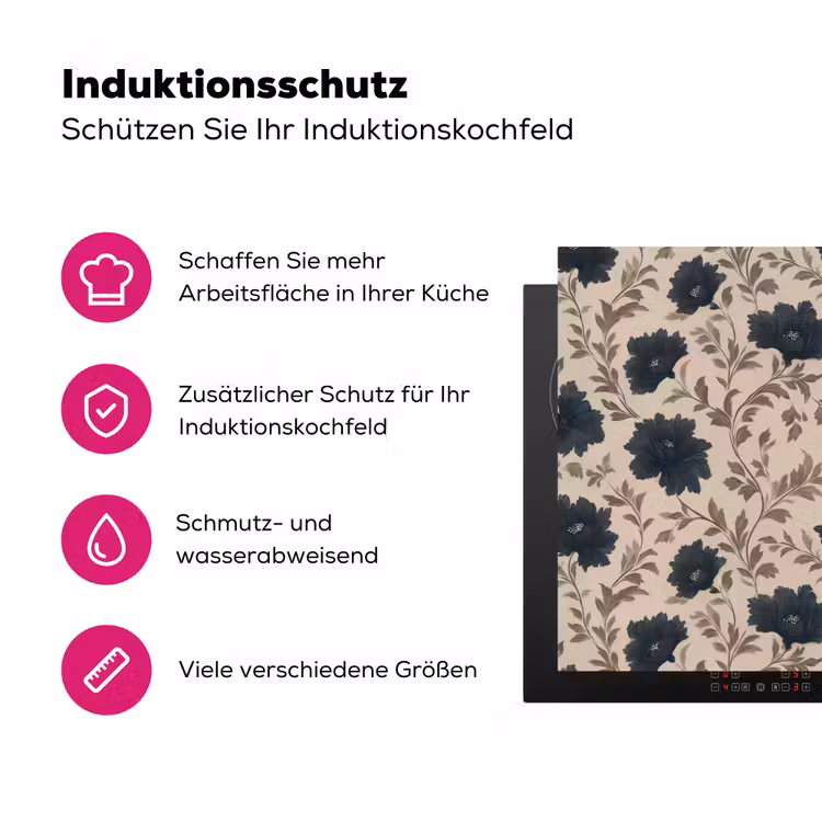Motief - Bloemen - Zwart - Beige Inductie beschermer vinyl 3mm klein 276 -zzzzzzz-lf-ups
