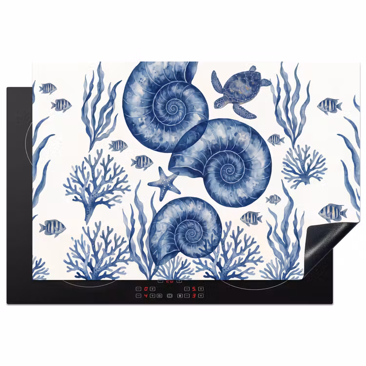 Schelp - Spiraal - Zeeleven - Aquarel - Blauw Inductie beschermer vinyl 3mm klein -3d