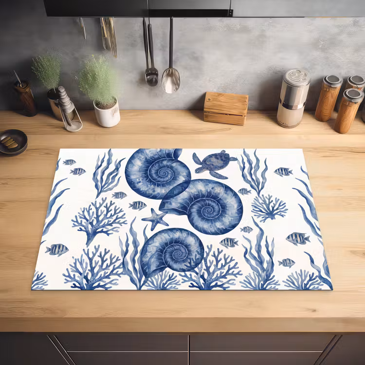 Schelp - Spiraal - Zeeleven - Aquarel - Blauw Inductie beschermer vinyl 3mm klein -sfeer5