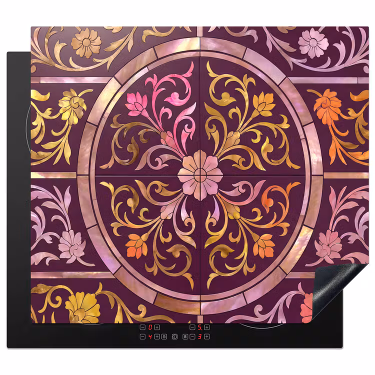 Patroon - Floraal - Oosters - Paars - Goud Inductie beschermer vinyl 3mm middel -3d