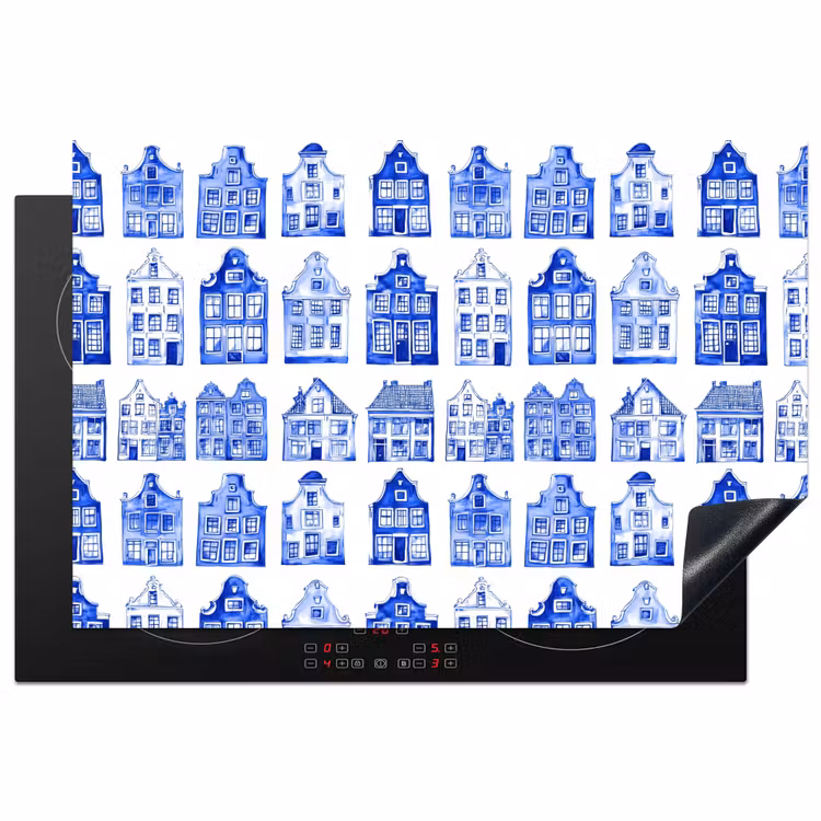 Patroon - Huizen - Blauw Inductie beschermer vinyl 3mm klein 276 -3d