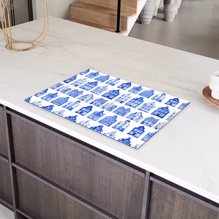 Patroon - Huizen - Blauw Inductie beschermer vinyl 3mm klein 276 -sfeer8