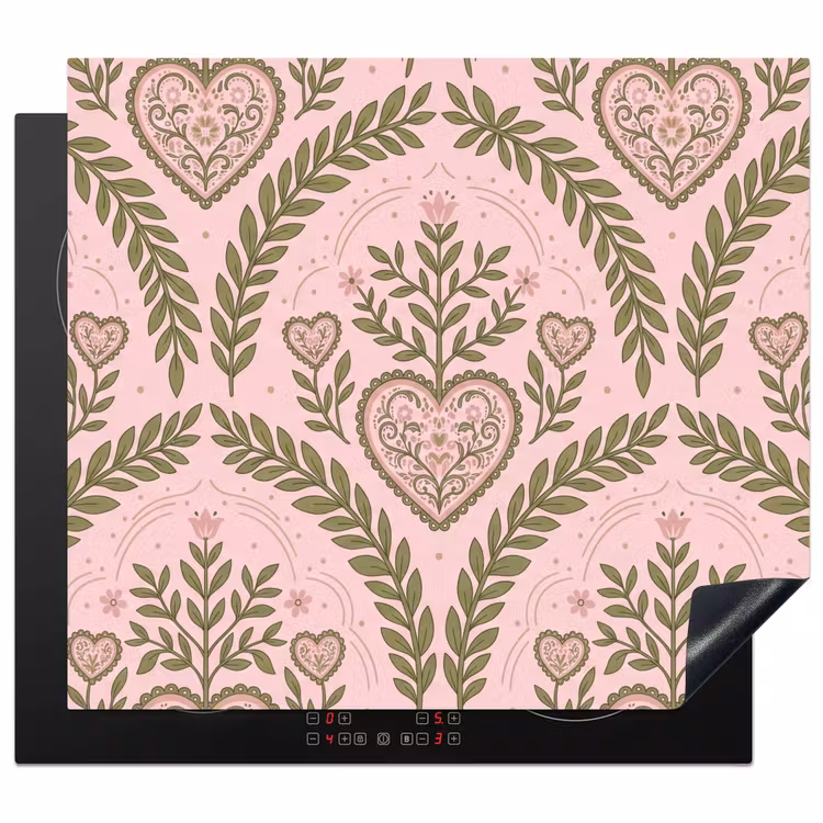 Patroon - Hart - Bloemen - Folkloristisch - Roze Inductie beschermer vinyl 3mm middel -3d