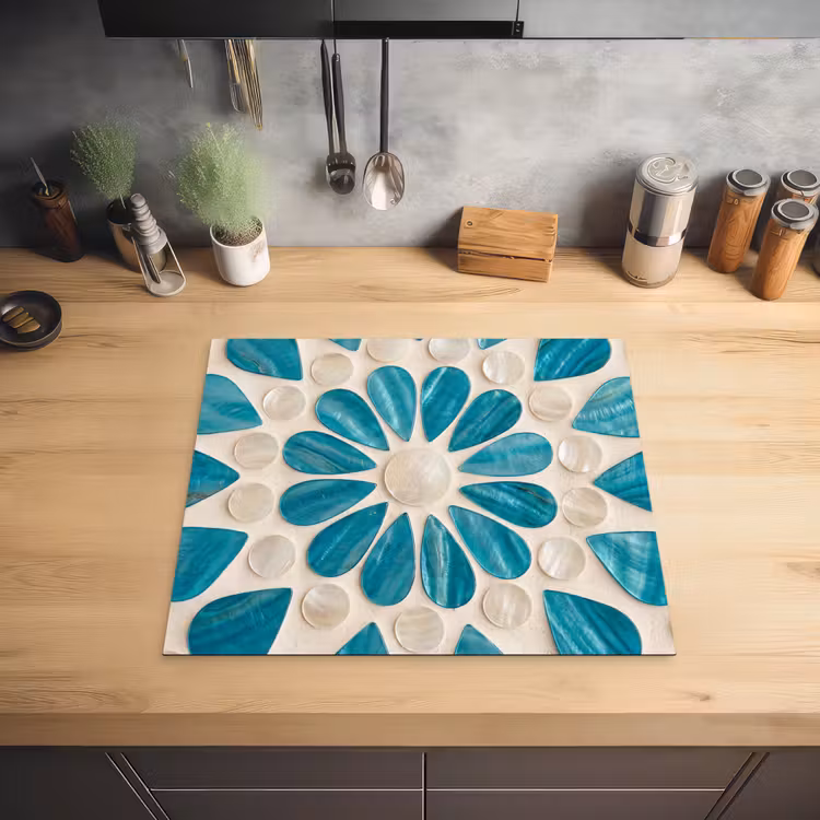 Patroon - Mozaïek - Schelpen - Abstract - Turquoise Inductie beschermer vinyl 3mm middel -sfeer5