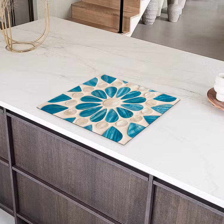 Patroon - Mozaïek - Schelpen - Abstract - Turquoise Inductie beschermer vinyl 3mm middel -sfeer8